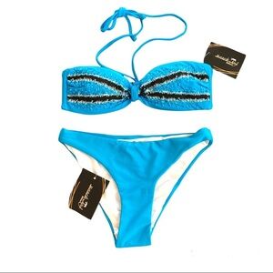 Beach Joy Embellished Bandeau Top Blue  bikini set S